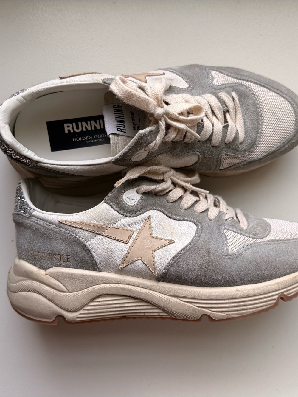 Golden Goose Running Sole Sneakers - Grey, Cream & Beige Star